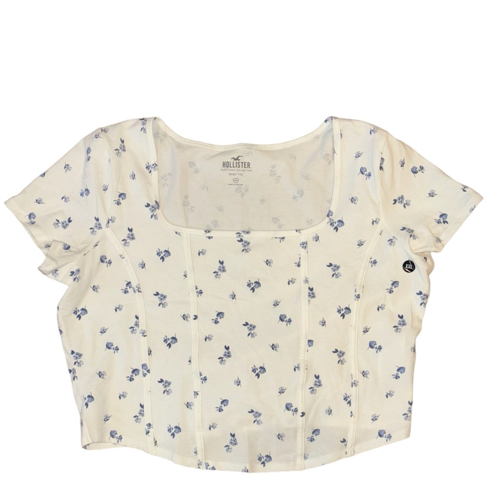 Hollister Baby Tee - White/Blue Flowers - Size XXL - Cropped Tee - NWOT